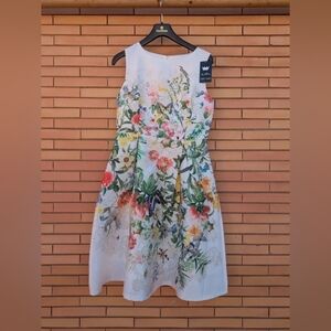 Floral Sleeveless A-Line Dress in White with Multicolor Print